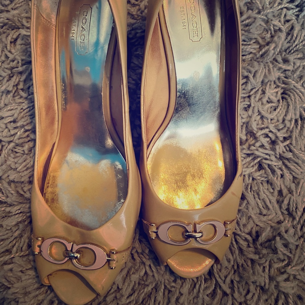 Size 9.5 patent leather wedge heels Coach